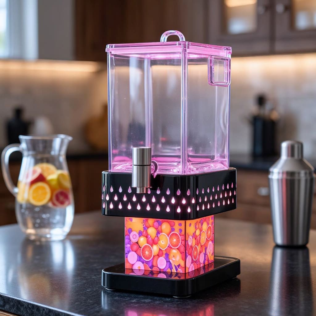 Pink LED drink dispenser with fruit-themed base