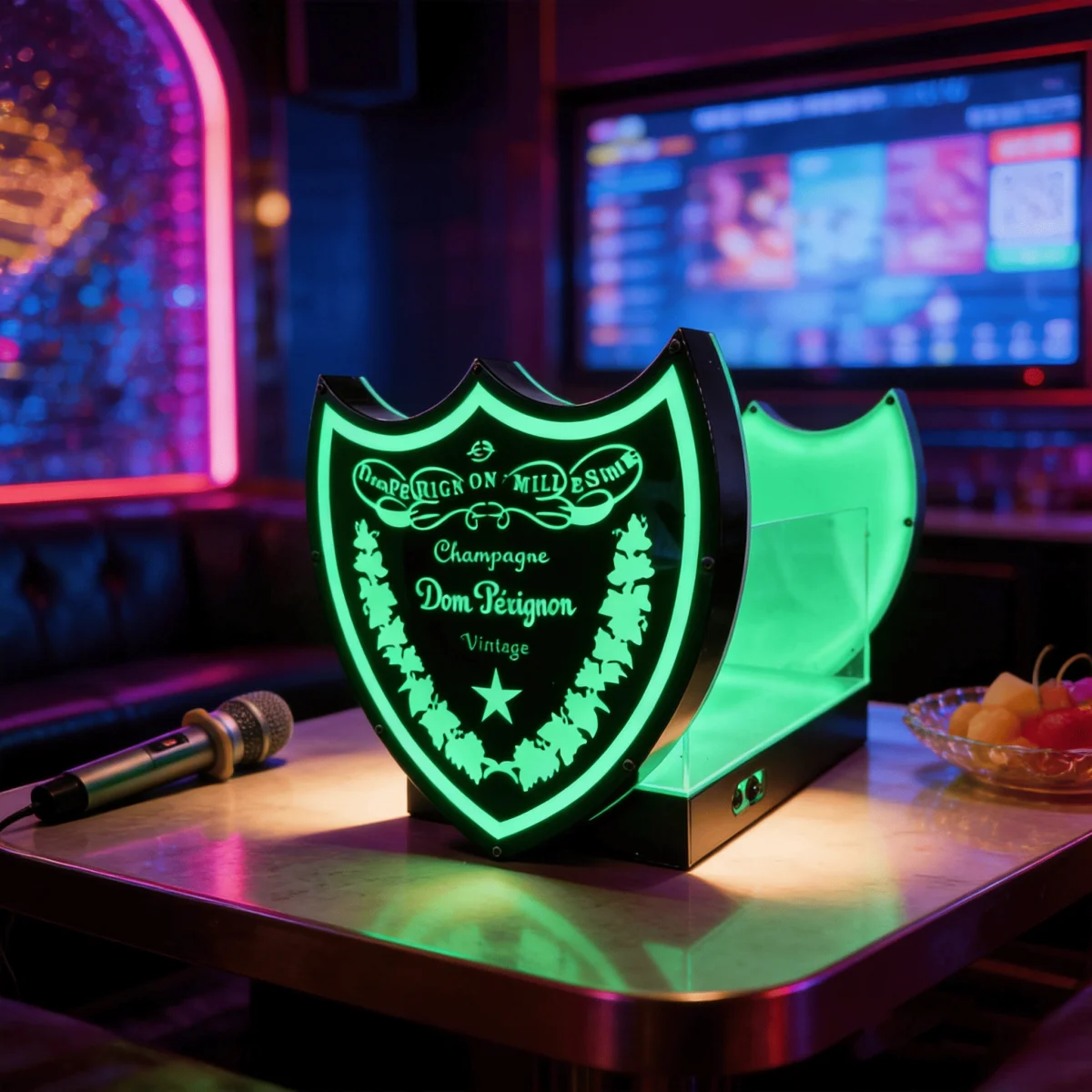 Green LED champagne bottle chiller in a nightclub