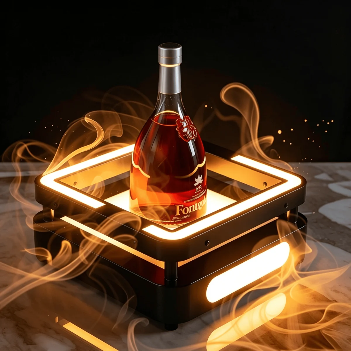 Gold LED bottle service tray with liquor bottle