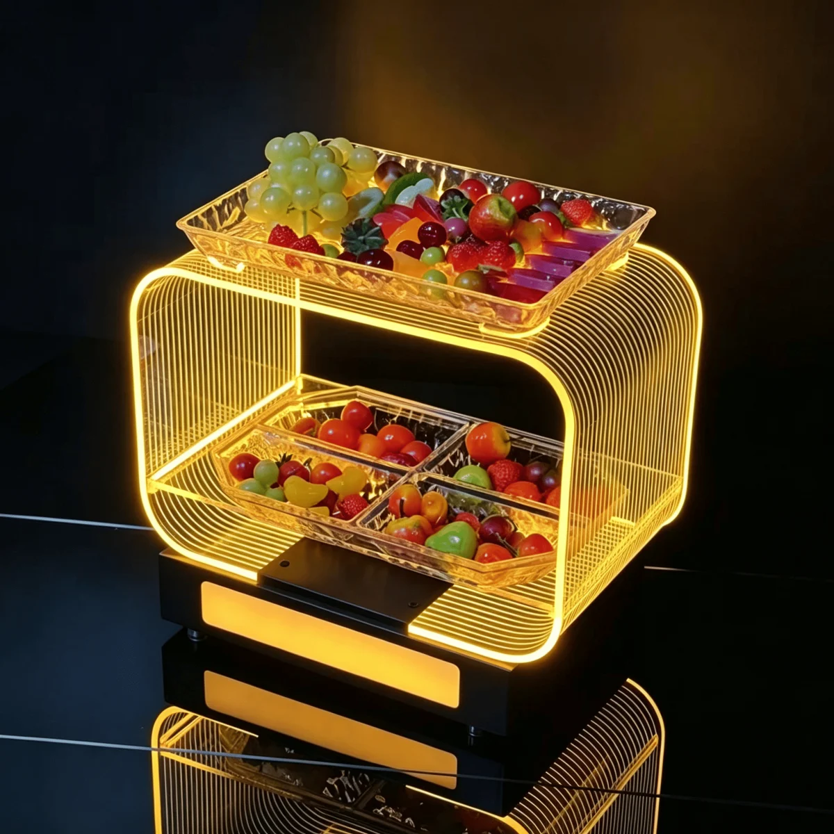 Golden LED fruit display stand with serving trays